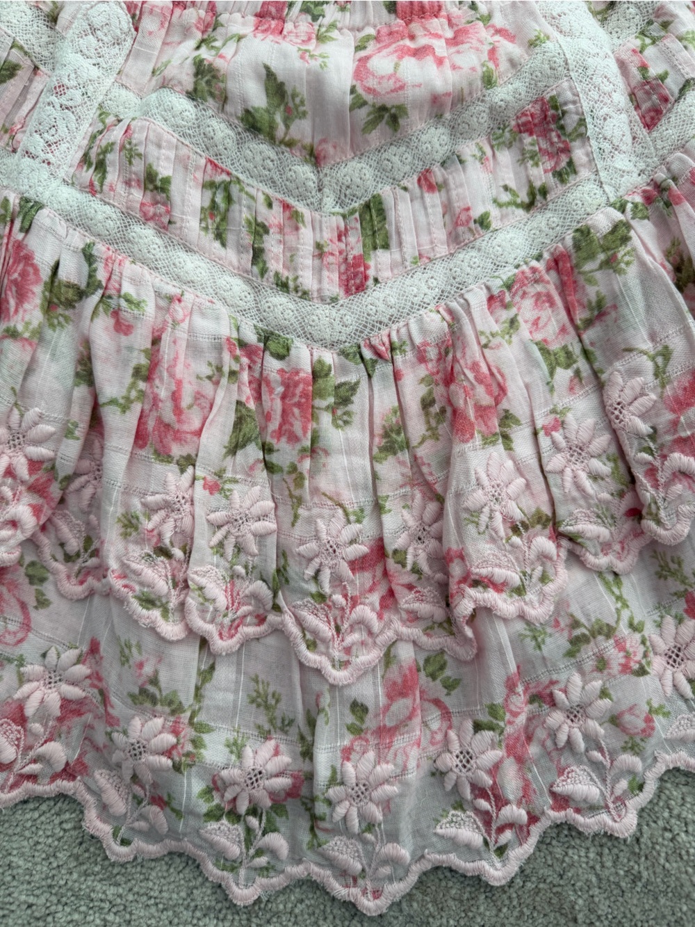 LoveShackFancy Pink Floral Mini Ruffled/Tiered Lace Skirt - Picture 2 of 10